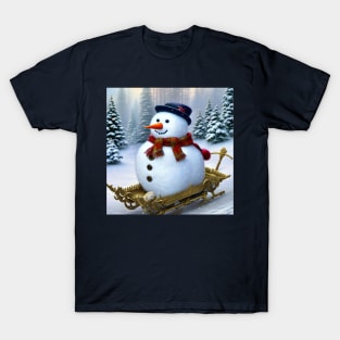 Cute Snowman Riding a Sledge T-Shirt